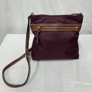 Halogen crossbody purse, burgundy color in a nylon material with leather trim